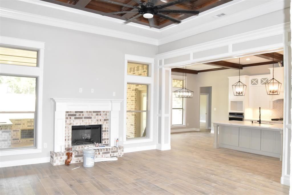 Fireplace, Interior, Kitchen, Pendant Lights, Wooden Beams, Wood Texture Flooring