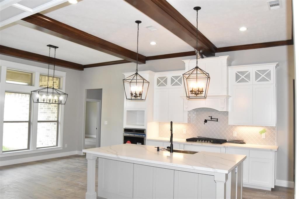 Interior, Kitchen, Pendant Lights, Recessed Lighting, Stainless Steel Appliances, Wooden Beams, Wood Texture Flooring