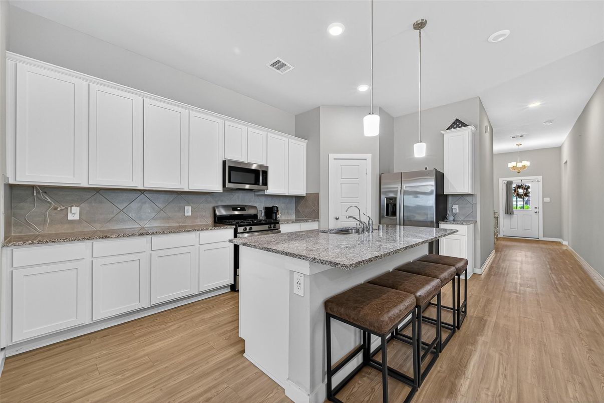 Interior, Kitchen, Pendant Lights, Recessed Lighting, Stainless Steel Appliances, Wood Texture Flooring