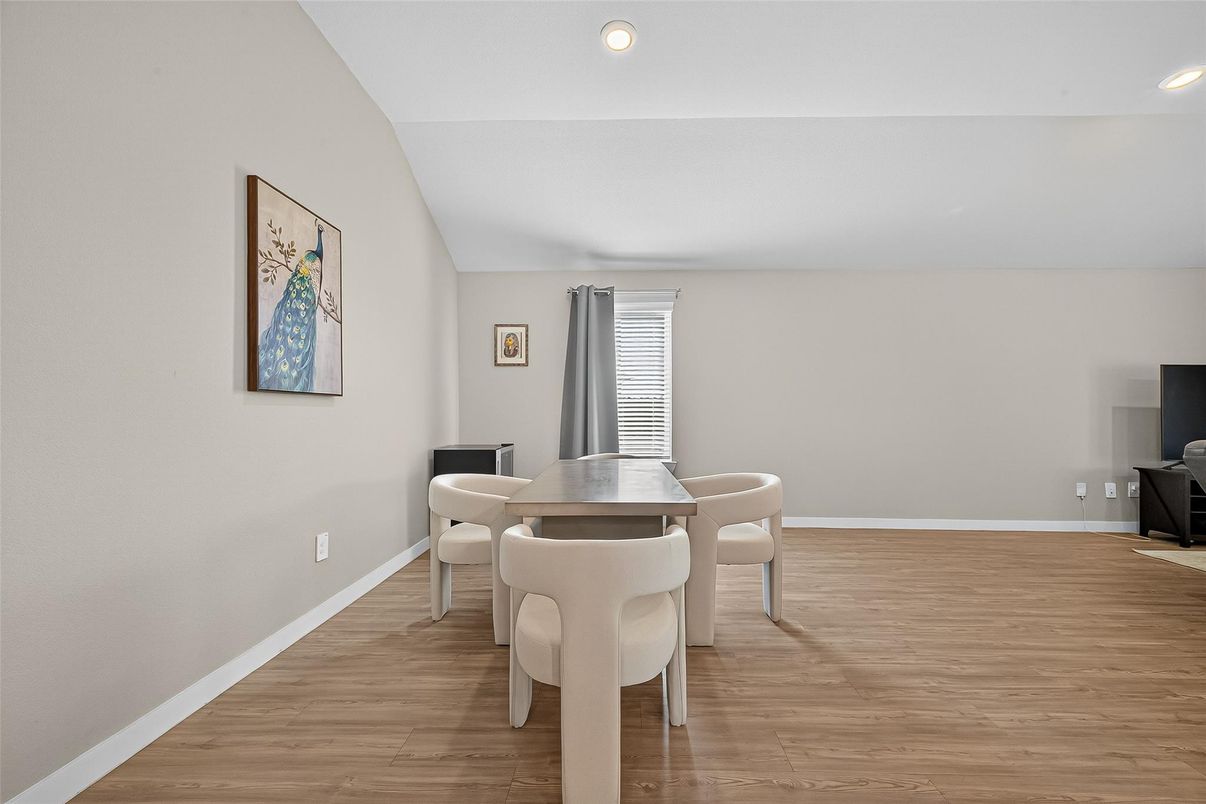 Dining room, Interior, Recessed Lighting, Wood Texture Flooring
