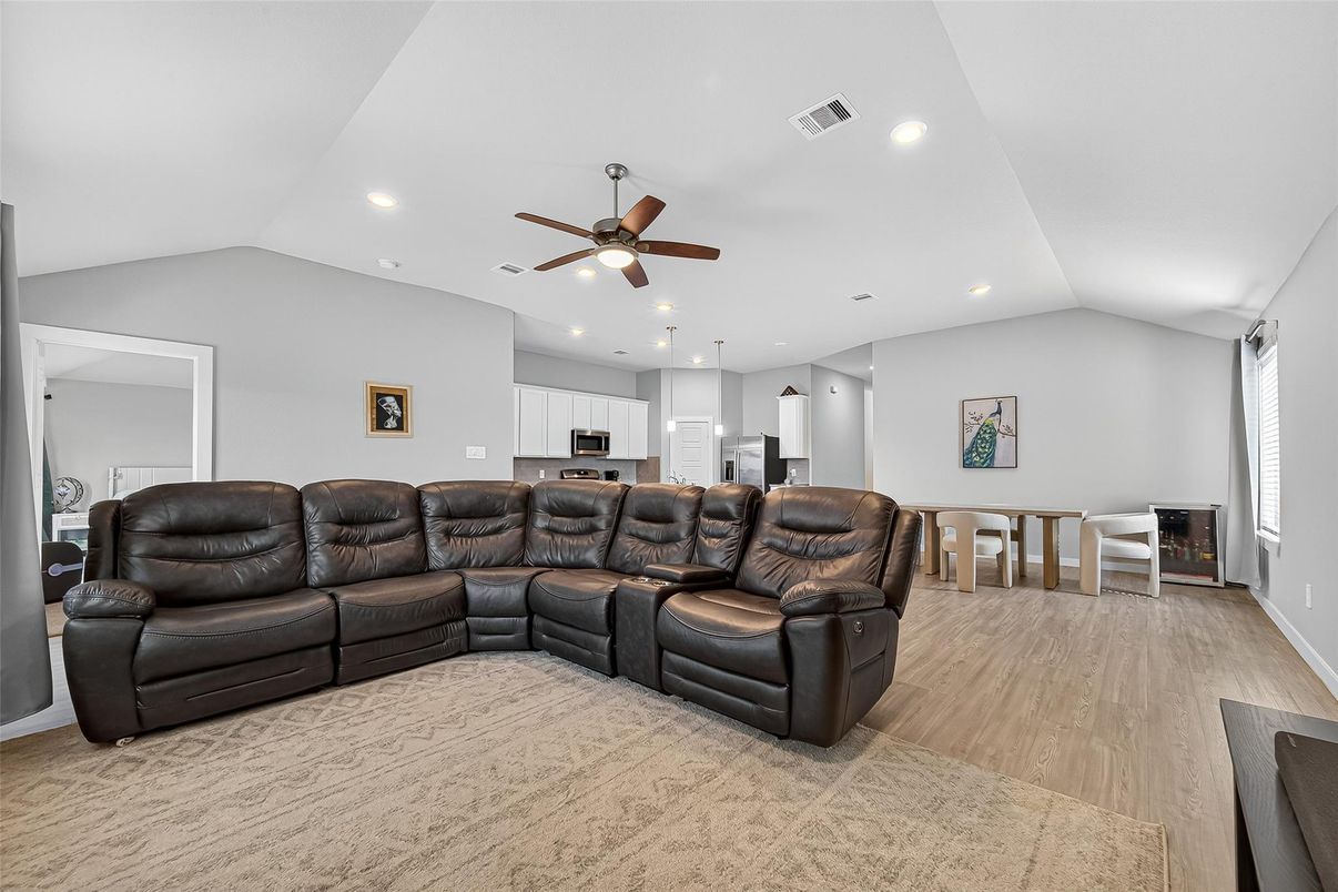 Dining room, Interior, Kitchen, Living room, Recessed Lighting, Wood Texture Flooring