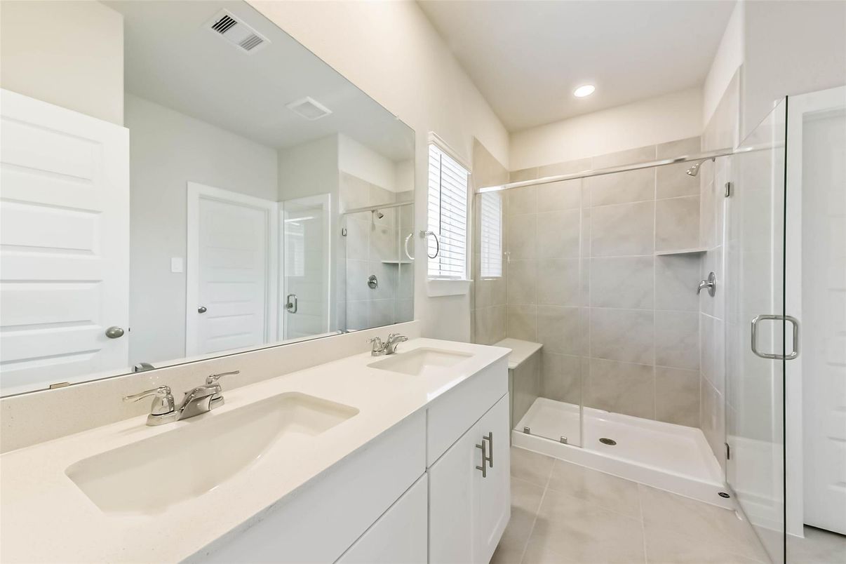 Bathroom, Dual Sink Vanities, Glass Shower, Interior, Recessed Lighting