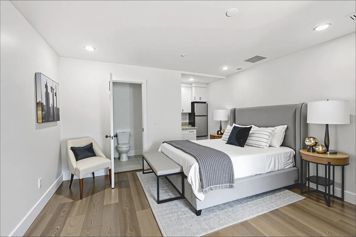 Bedroom, Interior, Recessed Lighting, Wood Texture Flooring