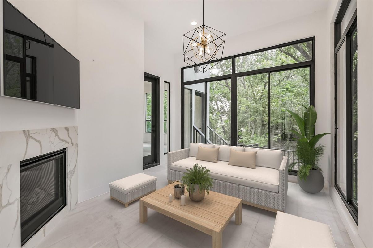 Fireplace, Interior, Living room, Marble, Pendant Lights, Recessed Lighting