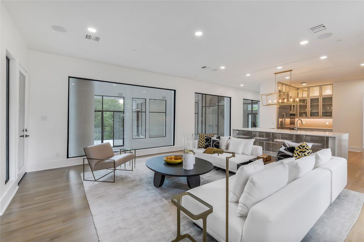 Interior, Kitchen, Living room, Pendant Lights, Recessed Lighting, Wood Texture Flooring