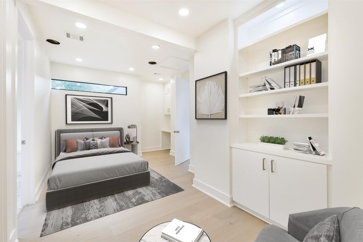 Bedroom, Interior, Recessed Lighting, Wood Texture Flooring