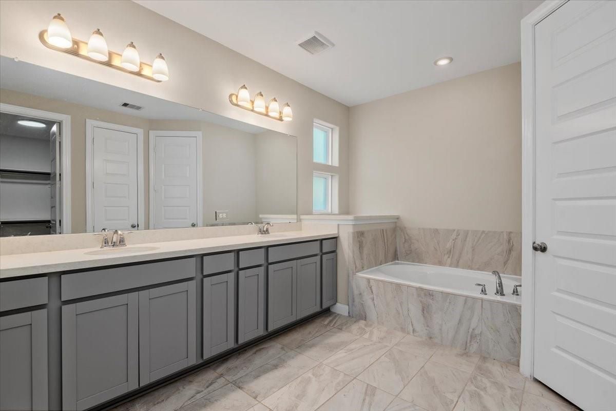 Bathroom, Dual Sink Vanities, Interior, Marble, Recessed Lighting
