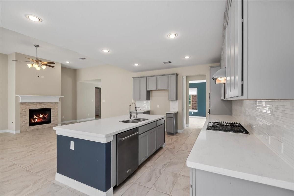 Fireplace, Interior, Kitchen, Marble, Recessed Lighting, Stainless Steel Appliances