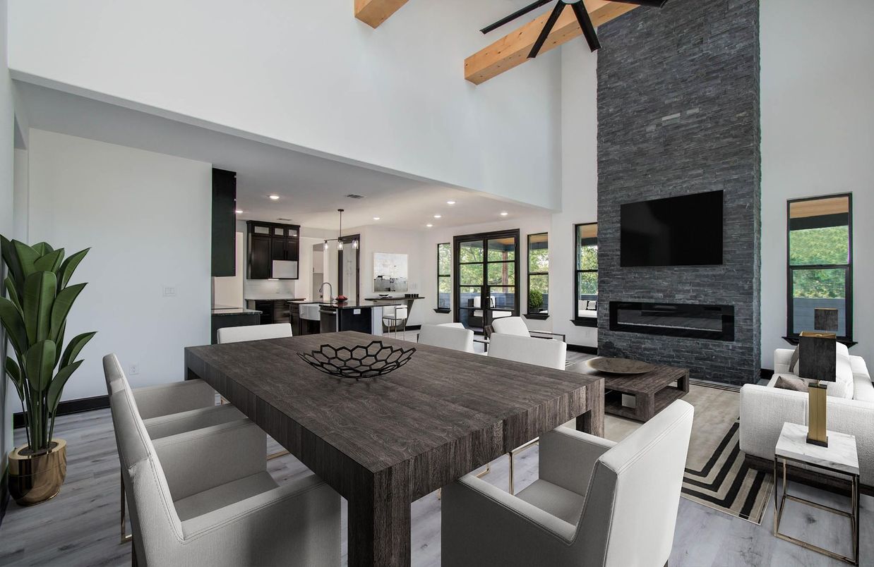 Dining room, Fireplace, Interior, Kitchen, Living room, Pendant Lights, Recessed Lighting, Stainless Steel Appliances, Wooden Beams, Wood Texture Flooring