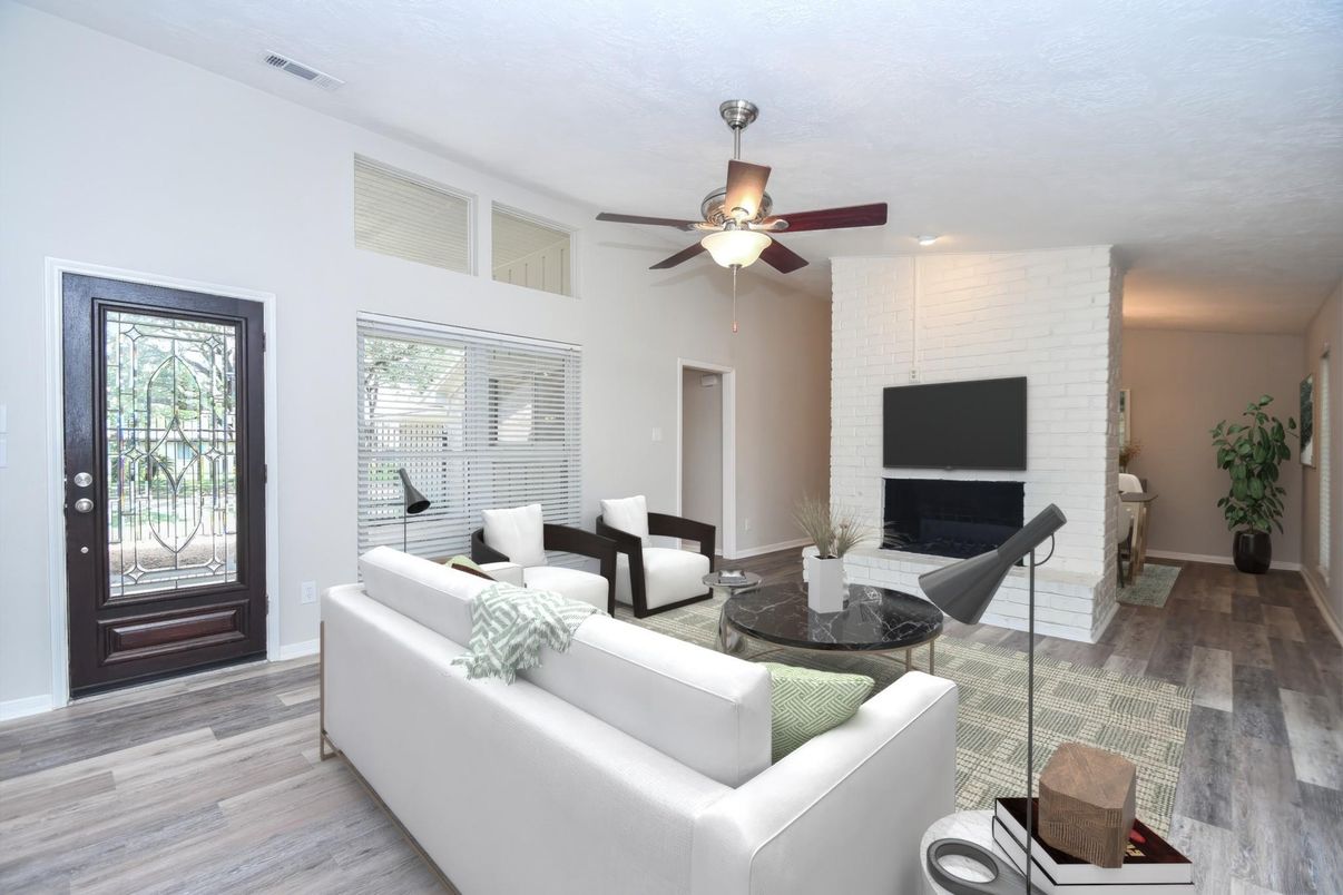 Fireplace, Interior, Living room, Stone Walls, Wood Texture Flooring