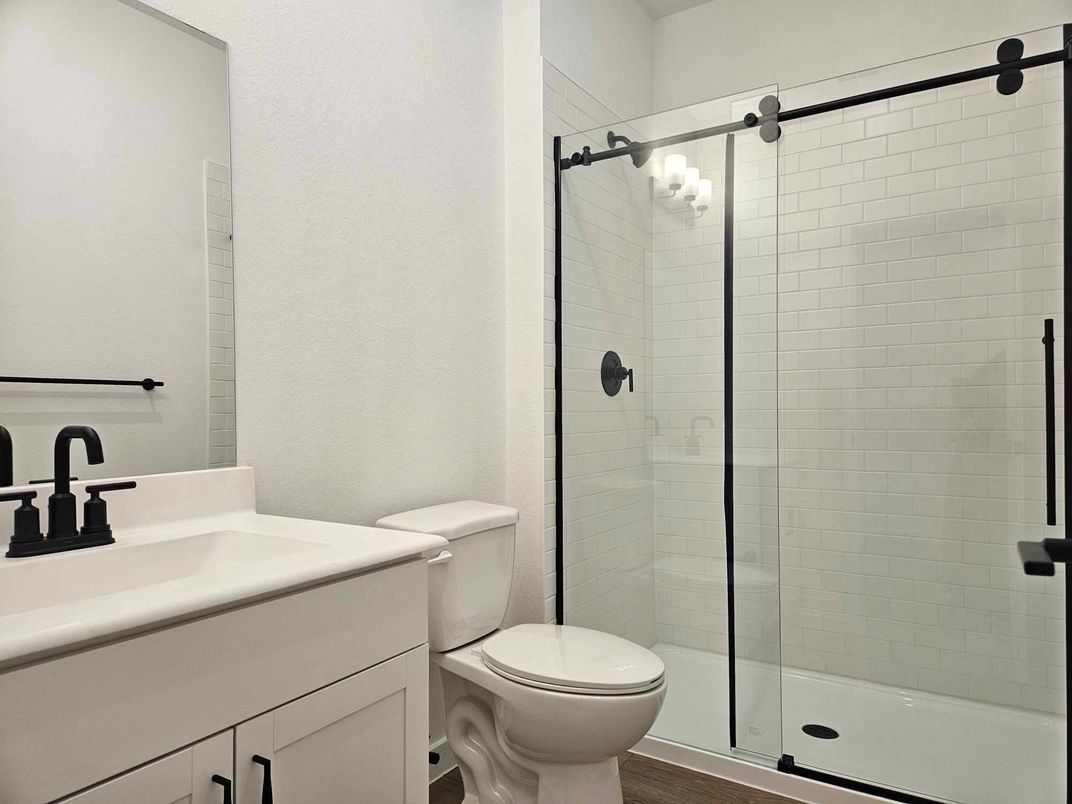 Bathroom, Glass Shower, Interior, Wood Texture Flooring