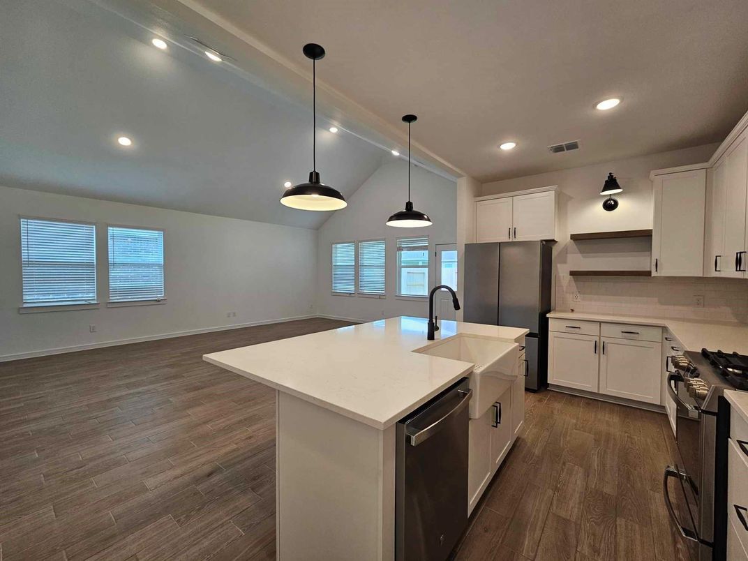 Interior, Kitchen, Pendant Lights, Recessed Lighting, Wood Texture Flooring