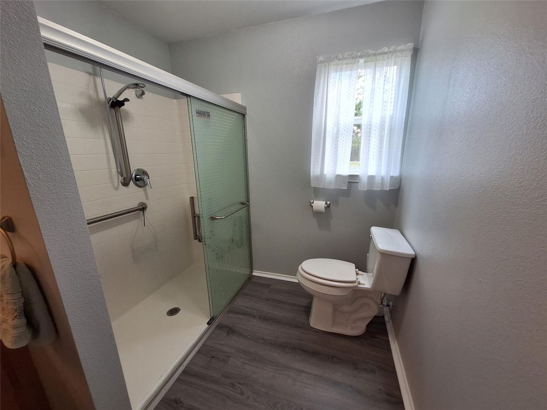 Bathroom, Glass Shower, Interior, Wood Texture Flooring