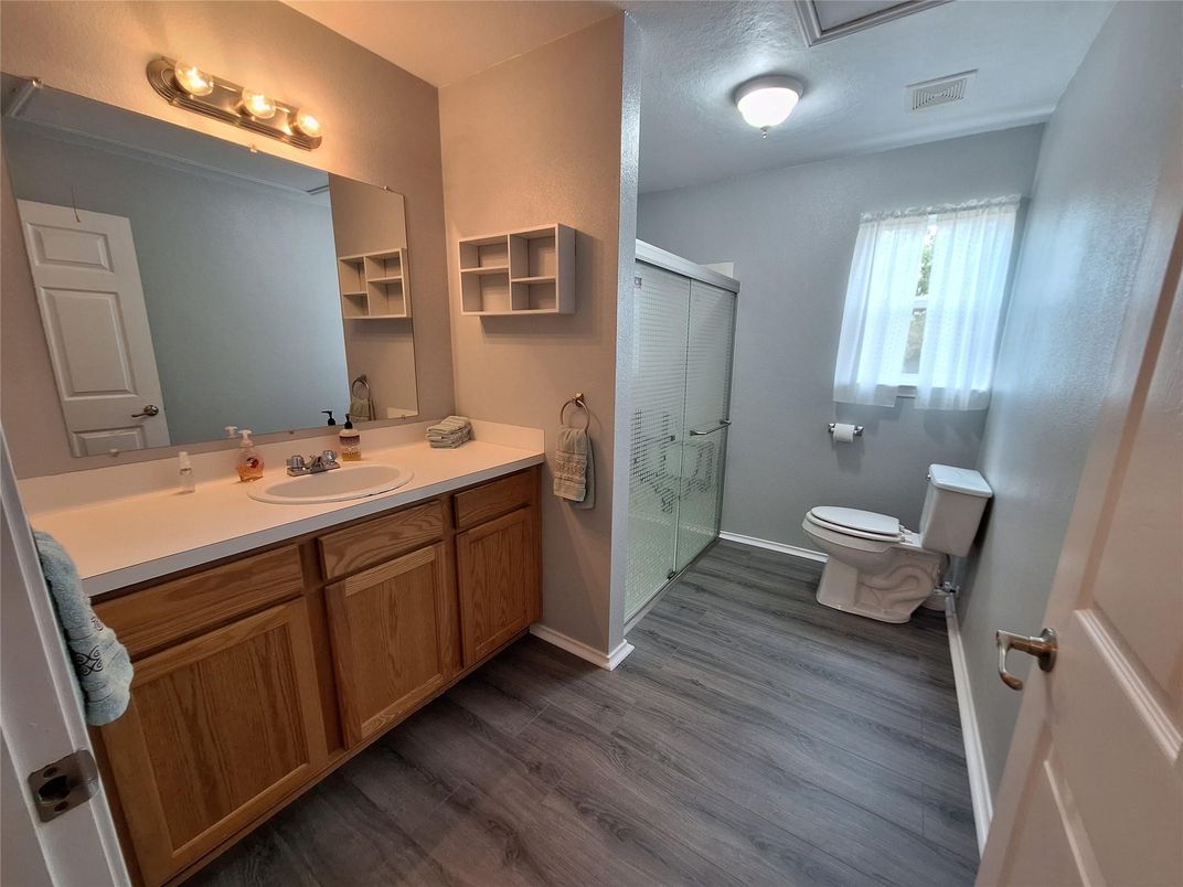 Bathroom, Glass Shower, Interior, Wood Texture Flooring