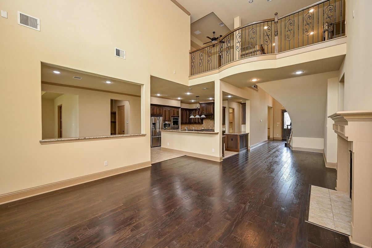 Fireplace, Interior, Kitchen, Recessed Lighting, Wood Texture Flooring