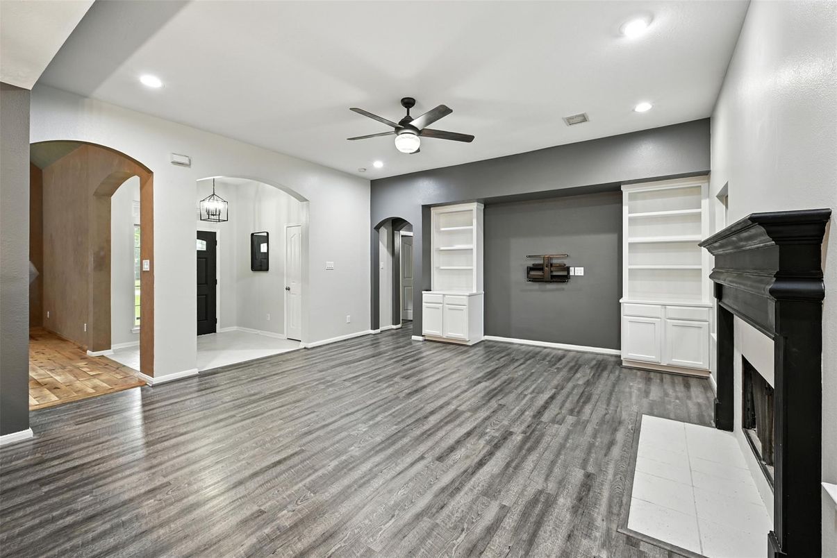 Empty room, Fireplace, Interior, Recessed Lighting, Wood Texture Flooring