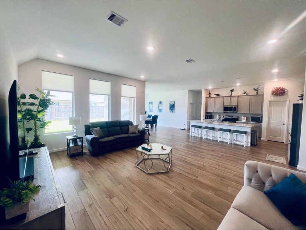 Interior, Kitchen, Living room, Recessed Lighting, Stainless Steel Appliances, Wood Texture Flooring