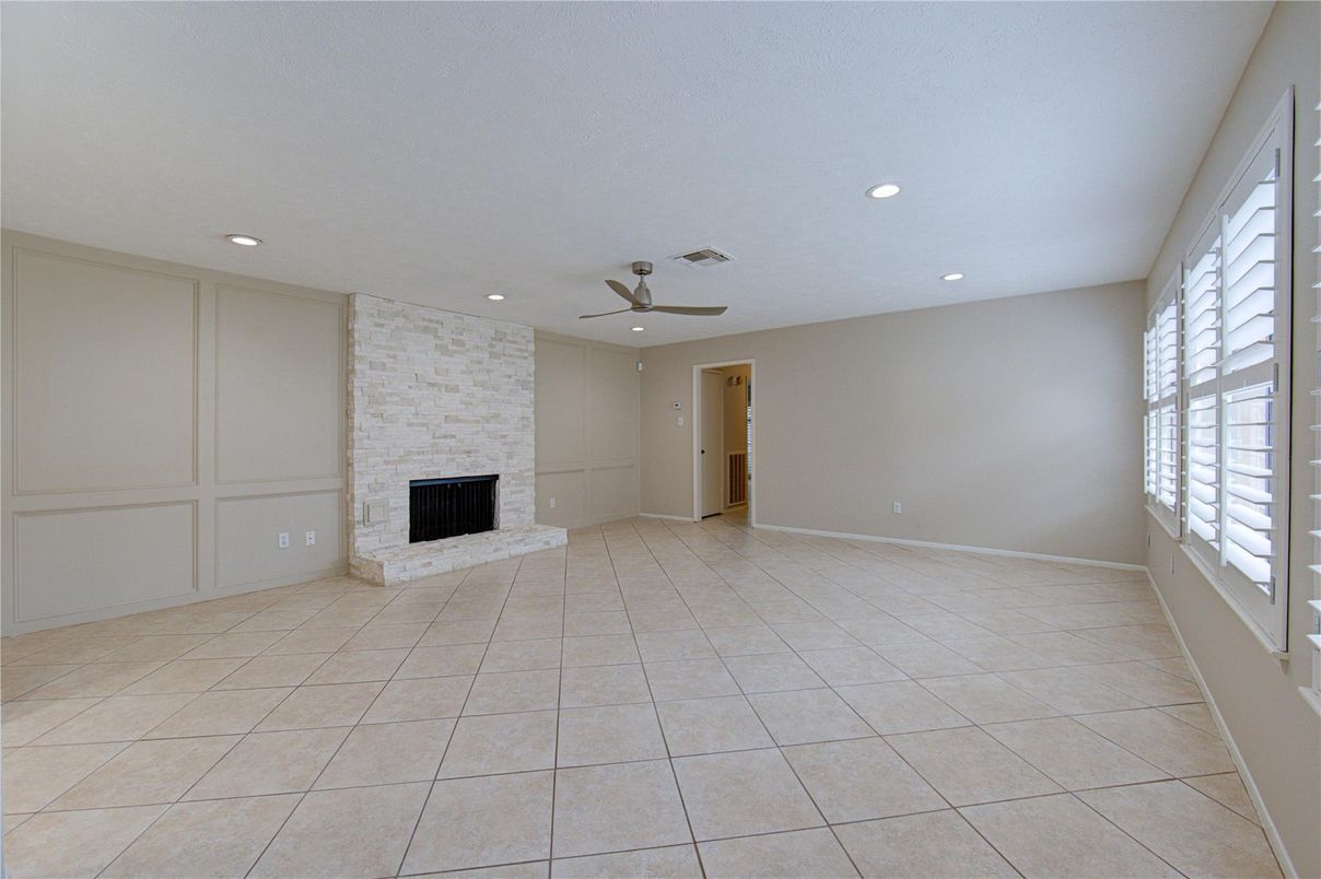 Empty room, Fireplace, Interior, Recessed Lighting, Stone Walls