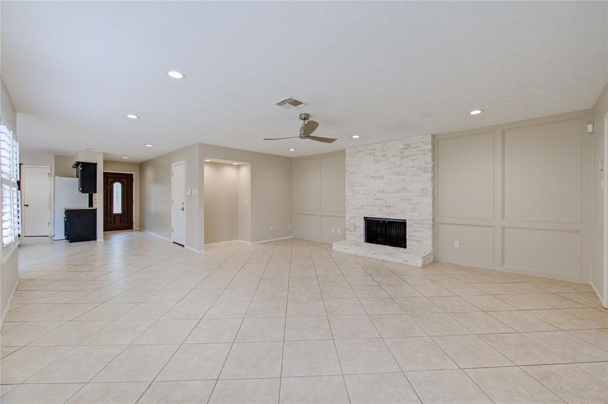 Empty room, Fireplace, Interior, Recessed Lighting, Stone Walls