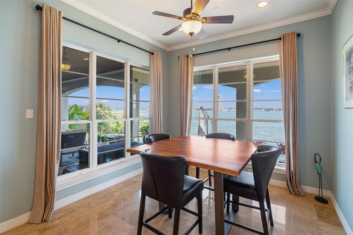 Dining room, Interior, Recessed Lighting, Water, Wood Texture Flooring