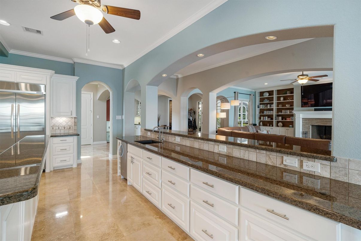 Fireplace, Interior, Kitchen, Recessed Lighting, Stainless Steel Appliances