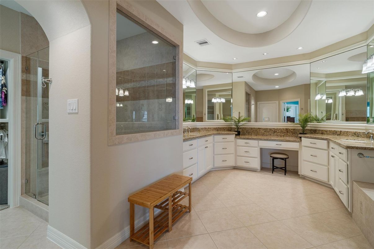 Bathroom, Dual Sink Vanities, Glass Shower, Interior, Recessed Lighting