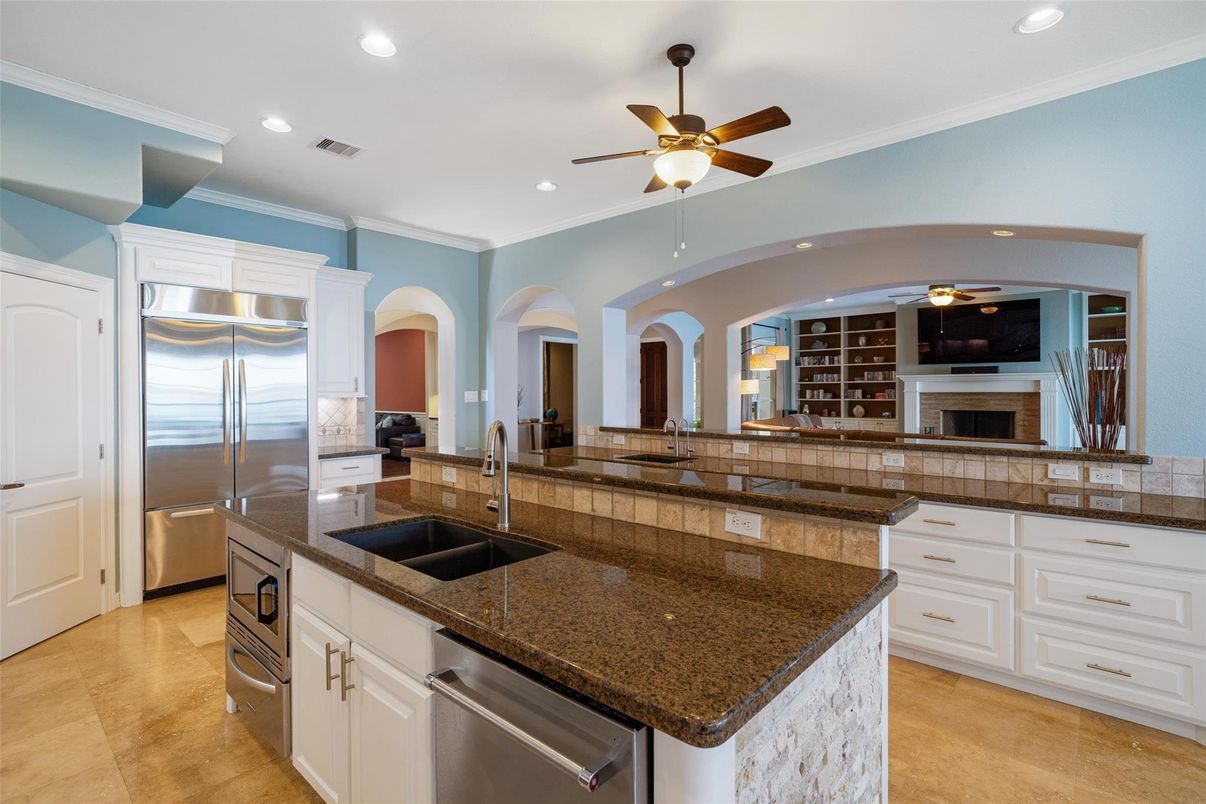 Fireplace, Interior, Kitchen, Recessed Lighting, Stainless Steel Appliances