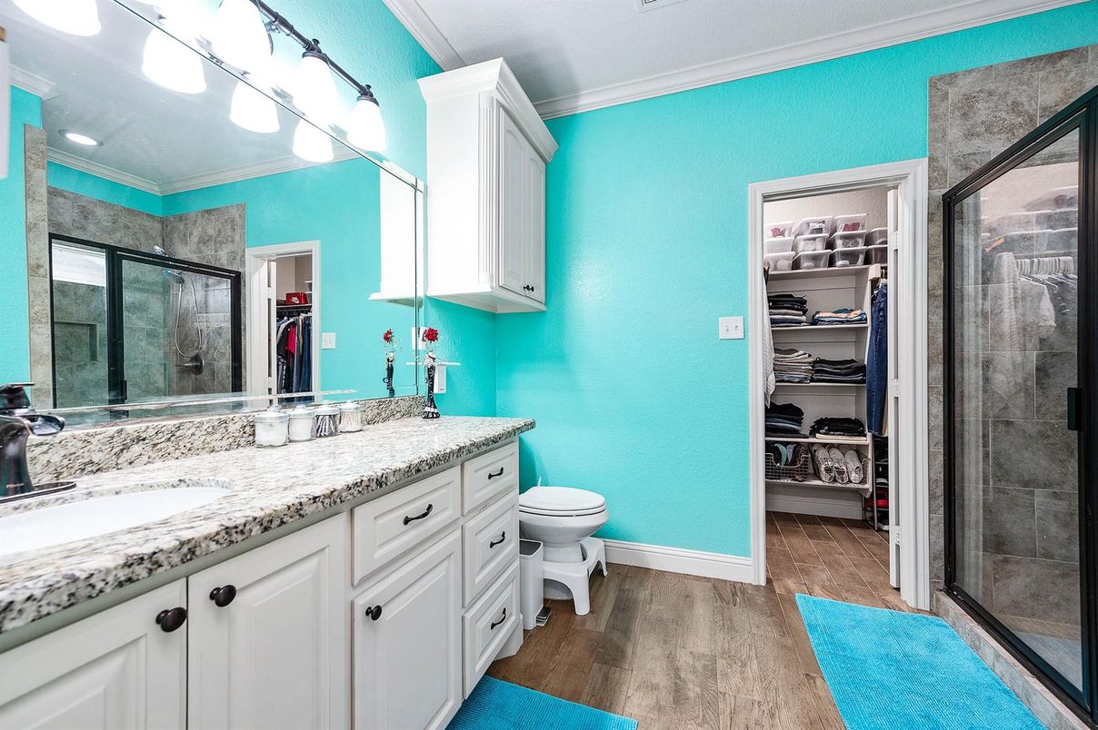 Bathroom, Glass Shower, Interior, Wood Texture Flooring