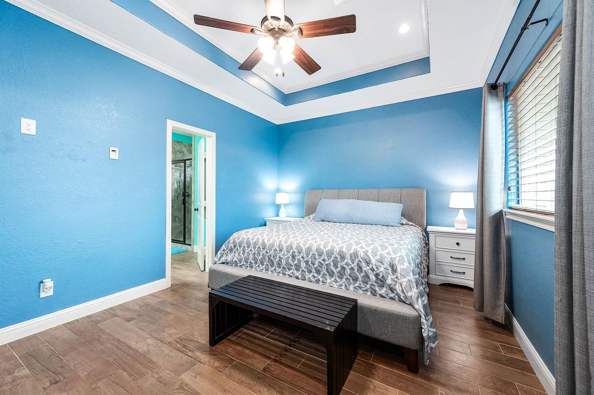 Bedroom, Interior, Recessed Lighting, Wood Texture Flooring
