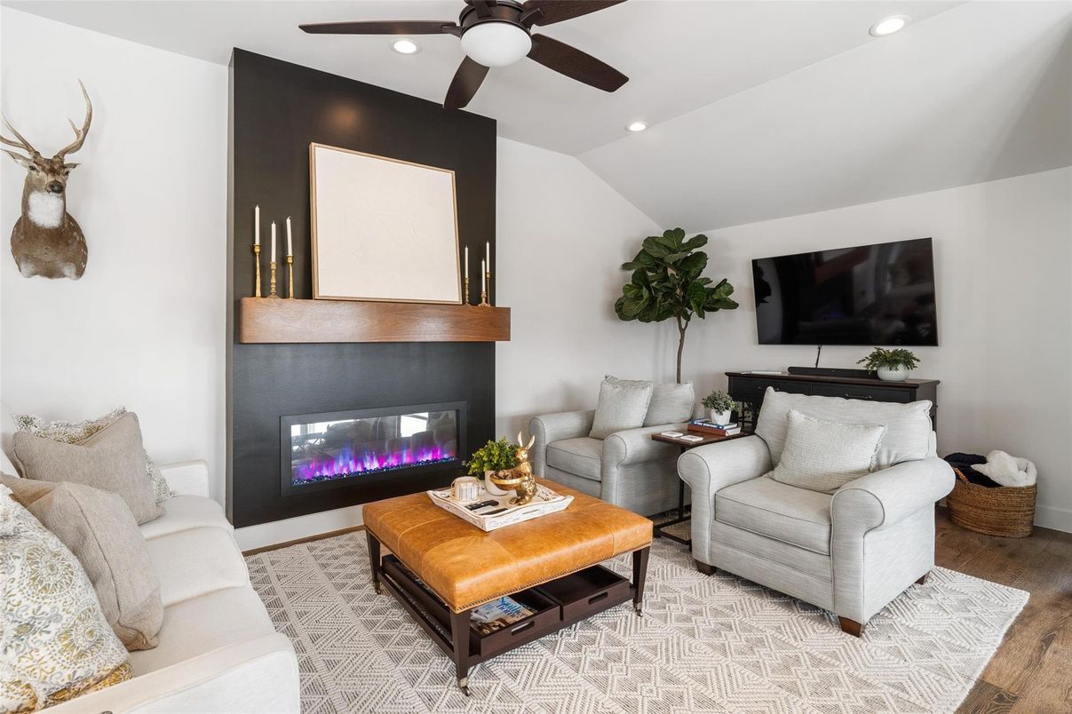 Fireplace, Interior, Living room, Recessed Lighting, Wood Texture Flooring