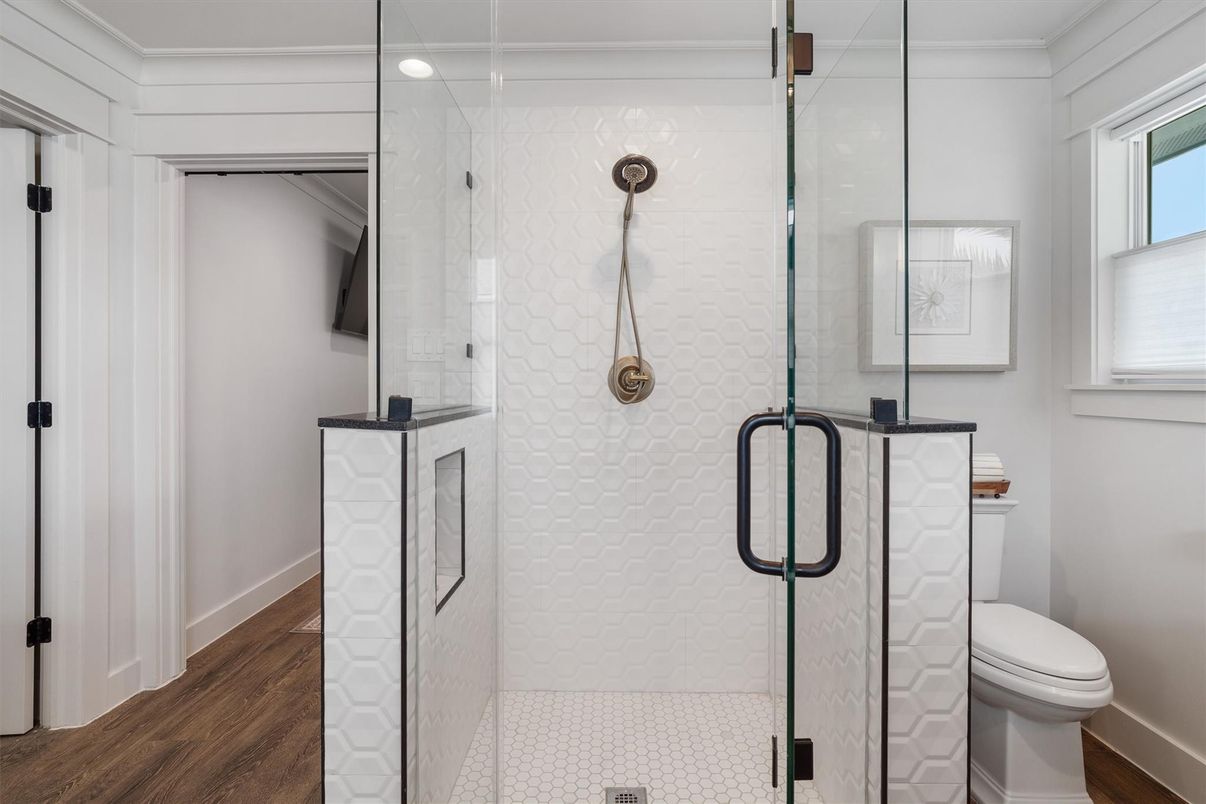Bathroom, Glass Shower, Interior, Wood Texture Flooring
