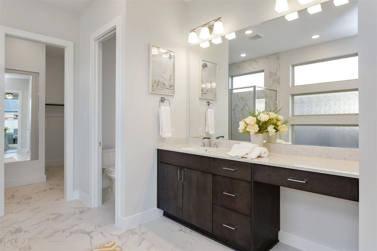 Bathroom, Dual Sink Vanities, Interior, Marble, Marble Walls, Recessed Lighting