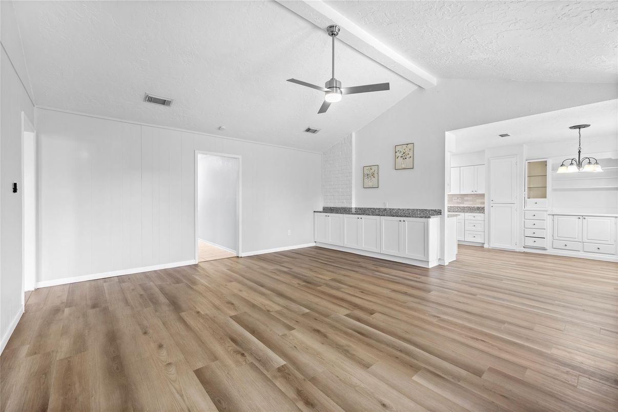 Empty room, Interior, Pendant Lights, Wood Texture Flooring