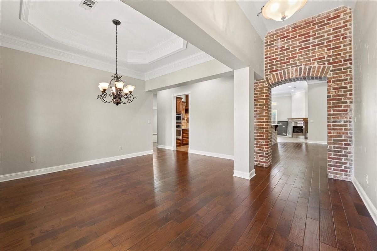 Chandelier, Empty room, Interior, Stone Walls, Wood Texture Flooring