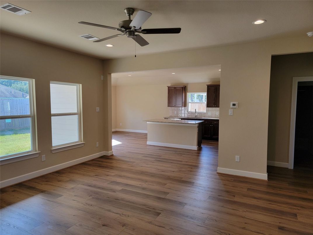 Empty room, Interior, Kitchen, Recessed Lighting, Wood Texture Flooring