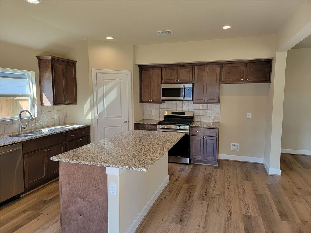 Interior, Kitchen, Recessed Lighting, Stainless Steel Appliances, Wood Texture Flooring