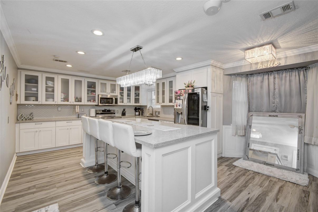 Chandelier, Interior, Kitchen, Recessed Lighting, Stainless Steel Appliances, Wood Texture Flooring