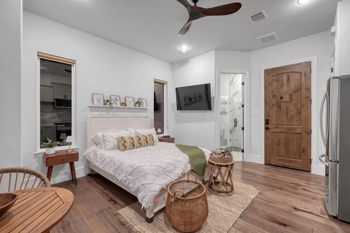 Bedroom, Interior, Recessed Lighting, Wood Texture Flooring