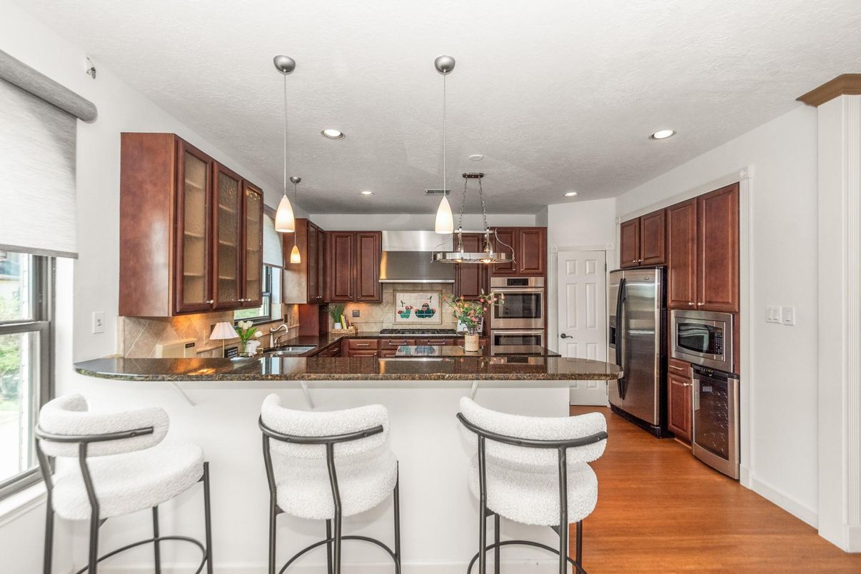 Interior, Kitchen, Pendant Lights, Recessed Lighting, Stainless Steel Appliances, Wood Texture Flooring