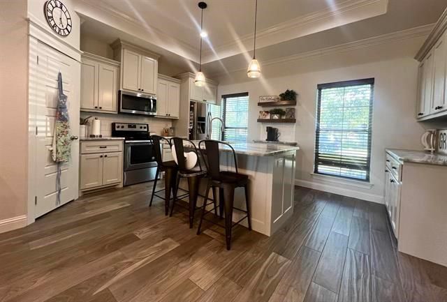 Interior, Kitchen, Pendant Lights, Stainless Steel Appliances, Wood Texture Flooring