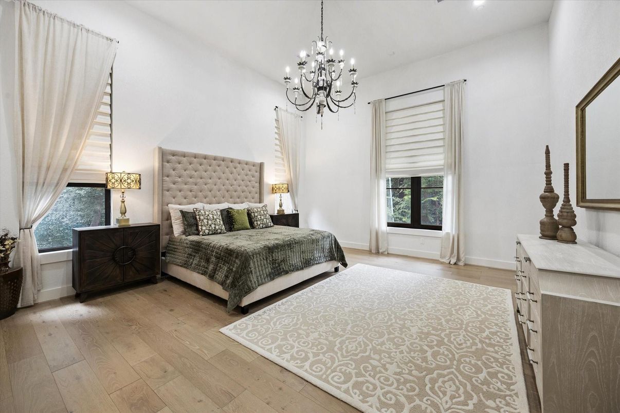 Bedroom, Chandelier, Interior, Wood Texture Flooring