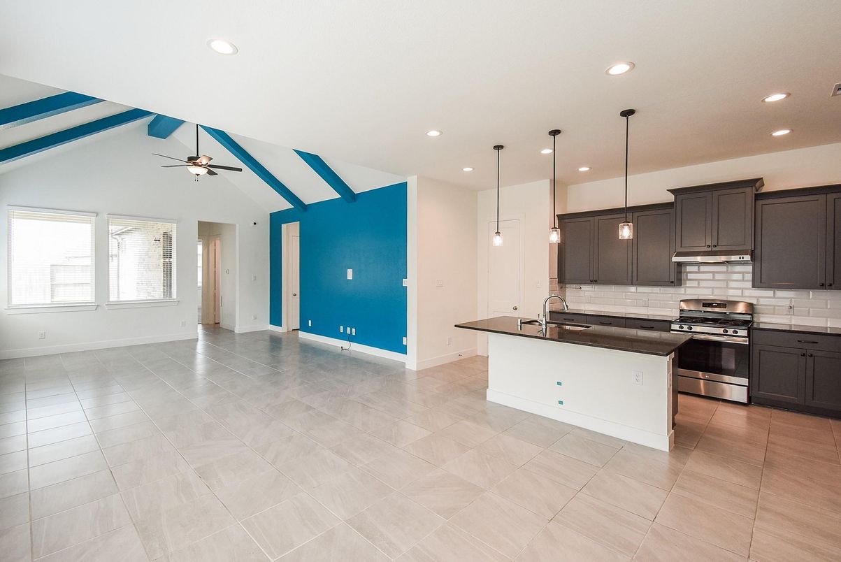 Empty room, Interior, Kitchen, Pendant Lights, Recessed Lighting, Stainless Steel Appliances