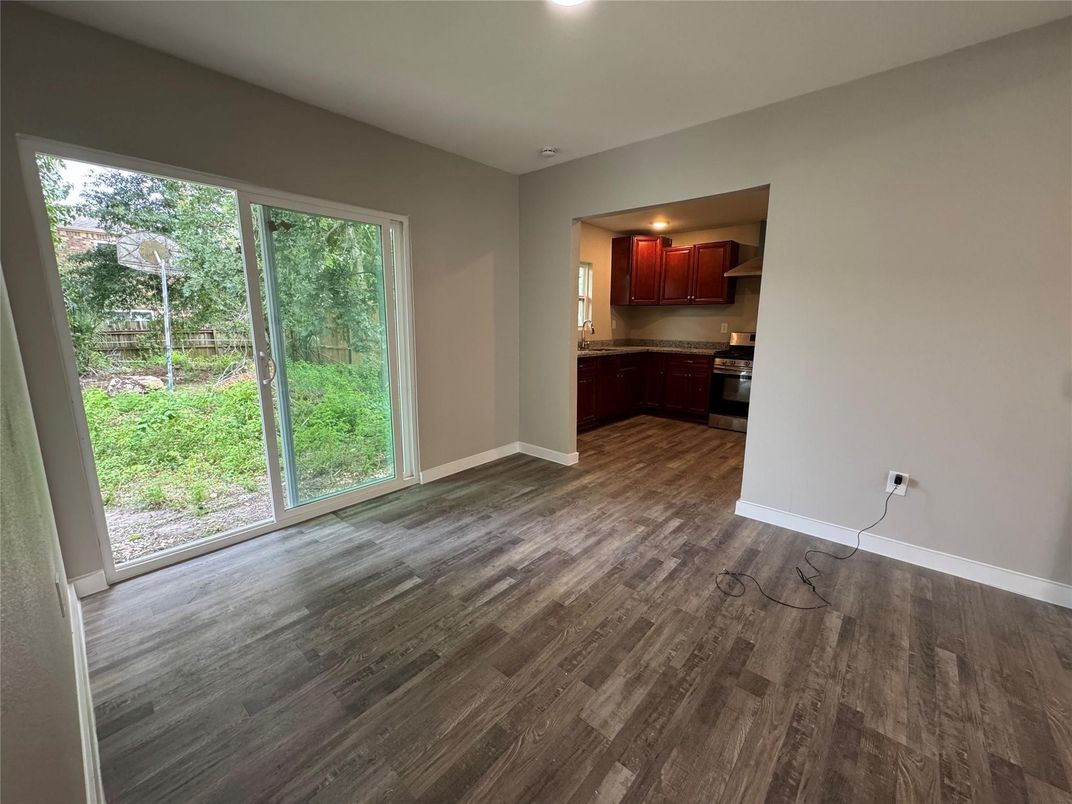 Empty room, Interior, Kitchen, Recessed Lighting, Wood Texture Flooring