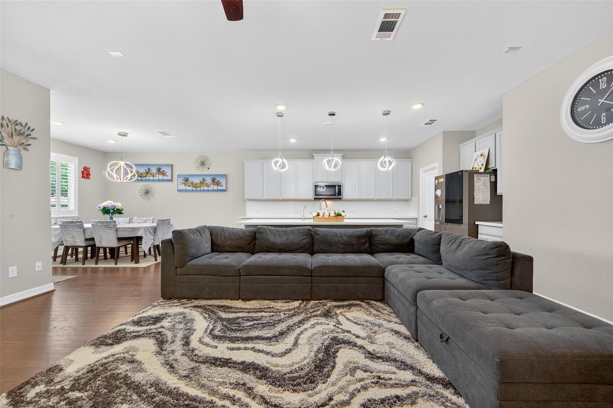 Dining room, Interior, Kitchen, Living room, Pendant Lights, Recessed Lighting, Wood Texture Flooring