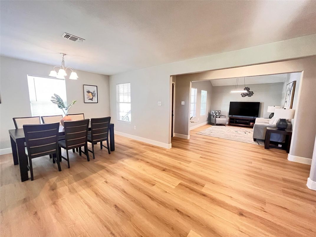 Dining room, Interior, Pendant Lights, Wood Texture Flooring