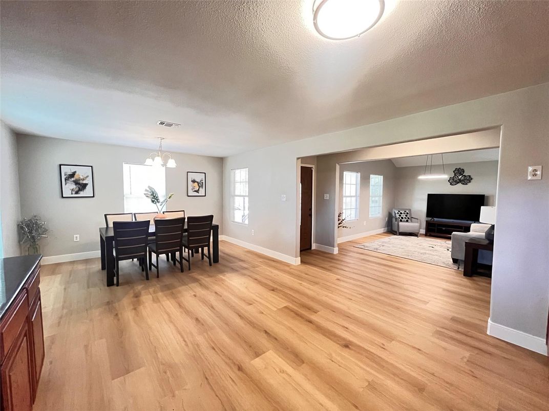 Dining room, Interior, Pendant Lights, Wood Texture Flooring