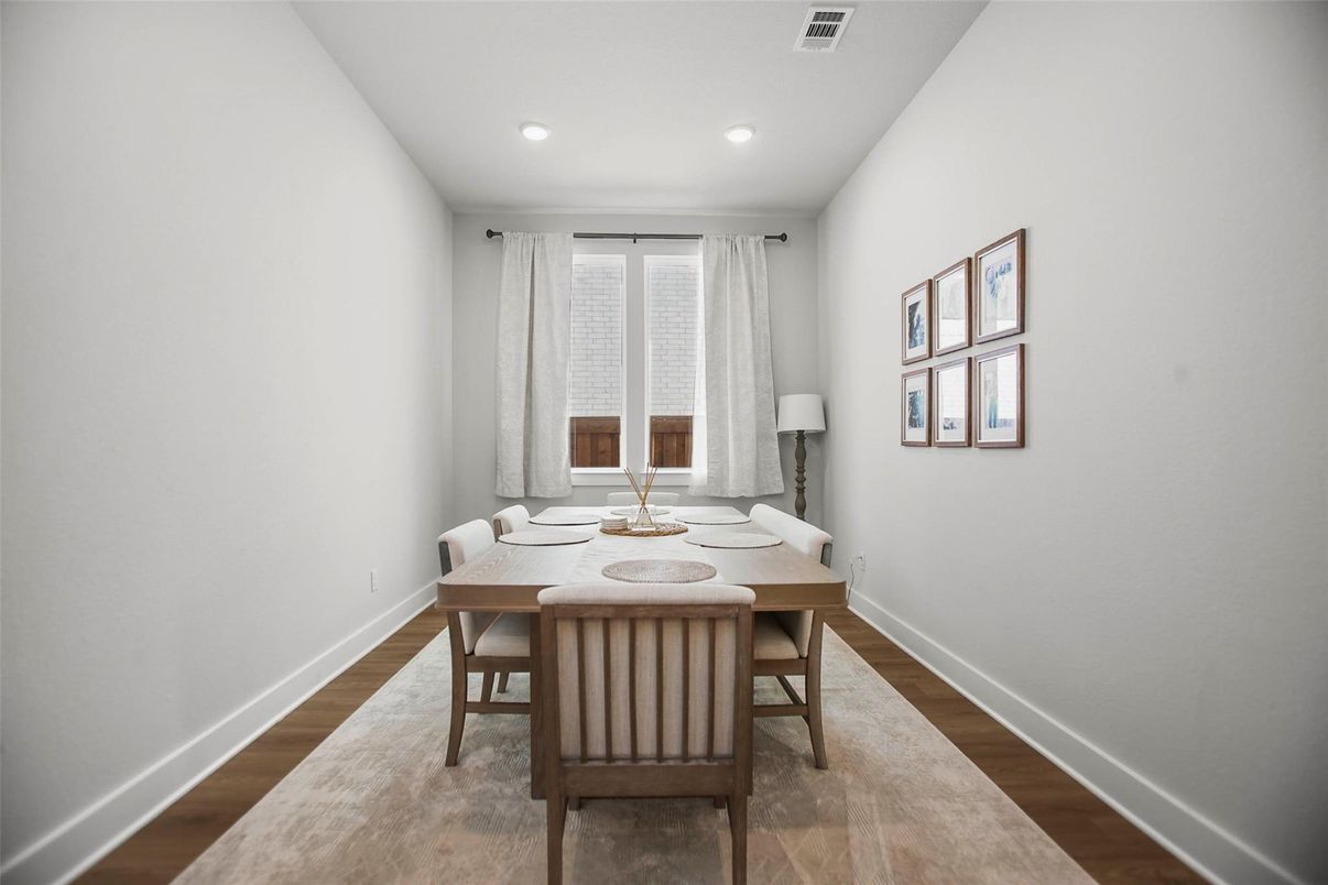 Dining room, Interior, Recessed Lighting, Wood Texture Flooring