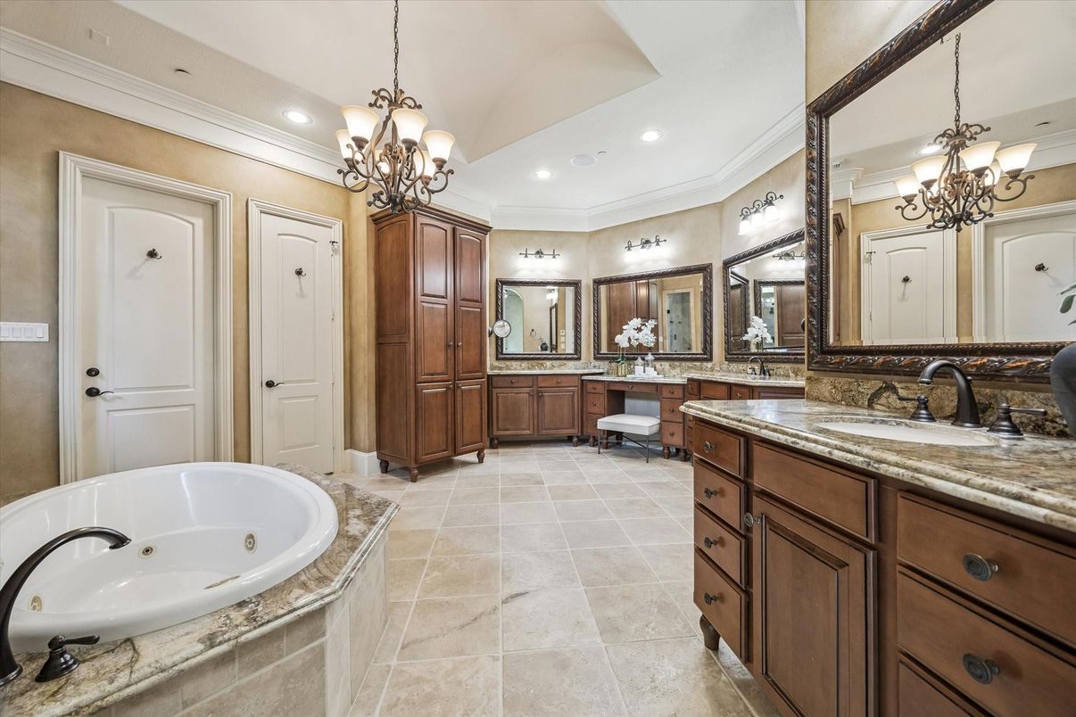Bathroom, Chandelier, Dual Sink Vanities, Interior, Recessed Lighting