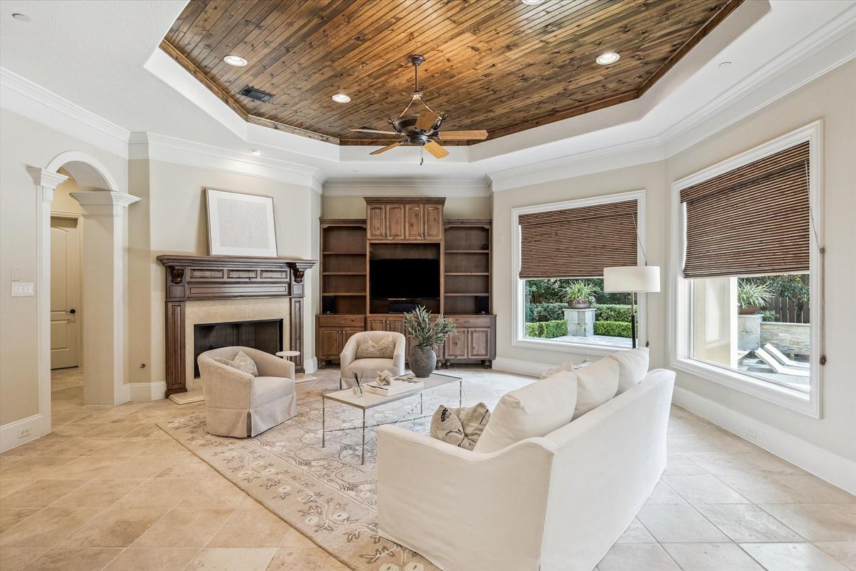 Fireplace, Interior, Living room, Recessed Lighting, Wooden Ceilings