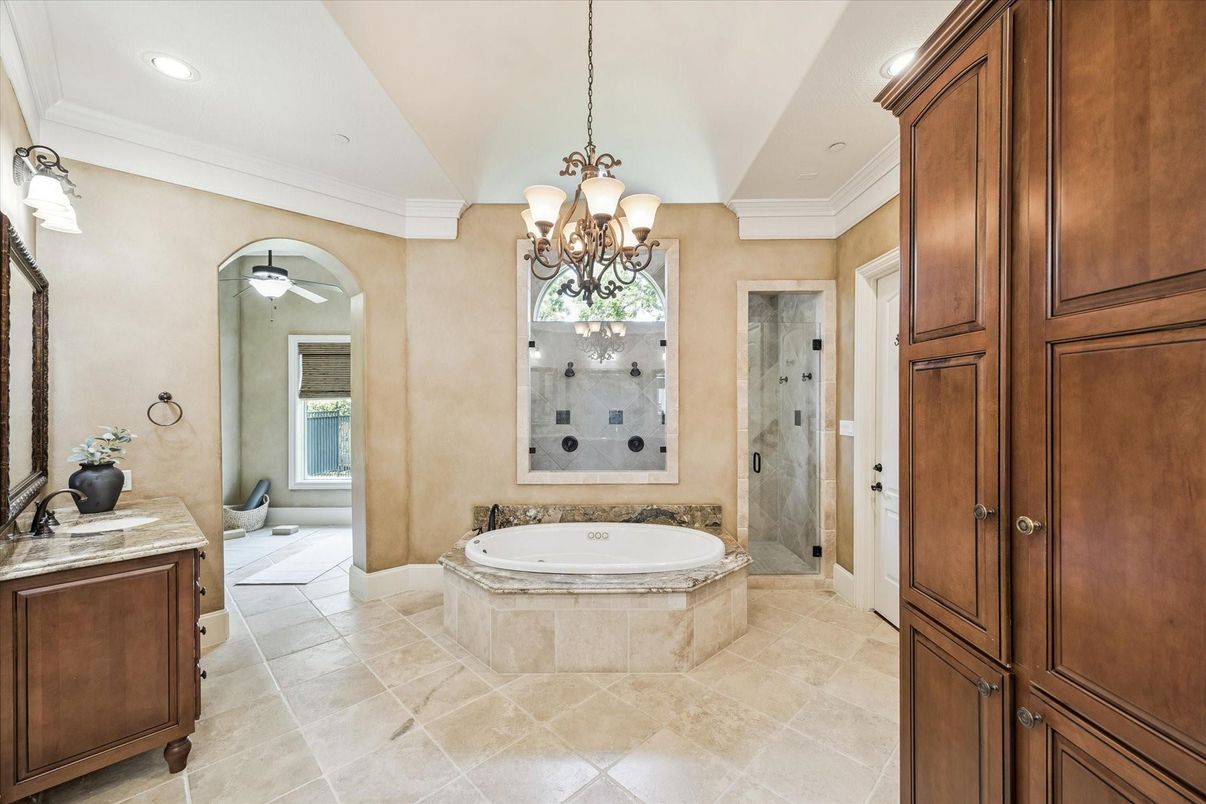 Bathroom, Chandelier, Glass Shower, Interior, Recessed Lighting